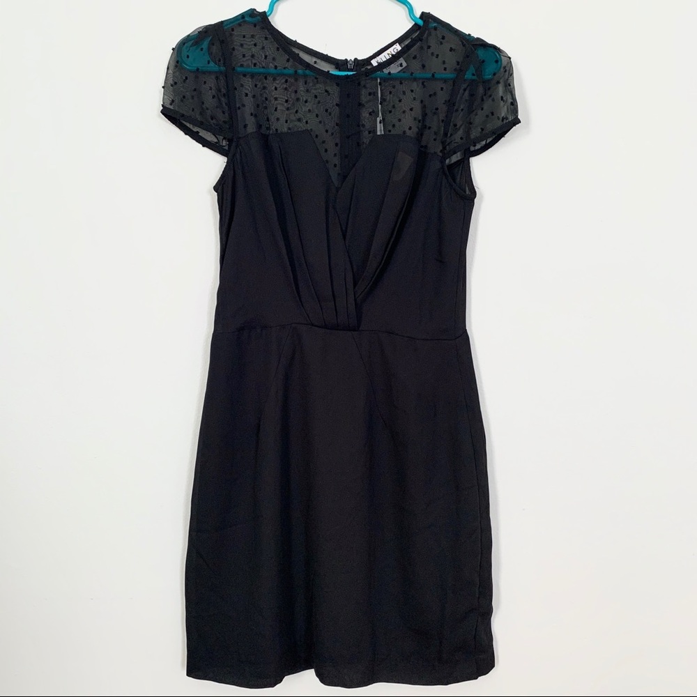 modcloth little black dress / sheer polka dot top